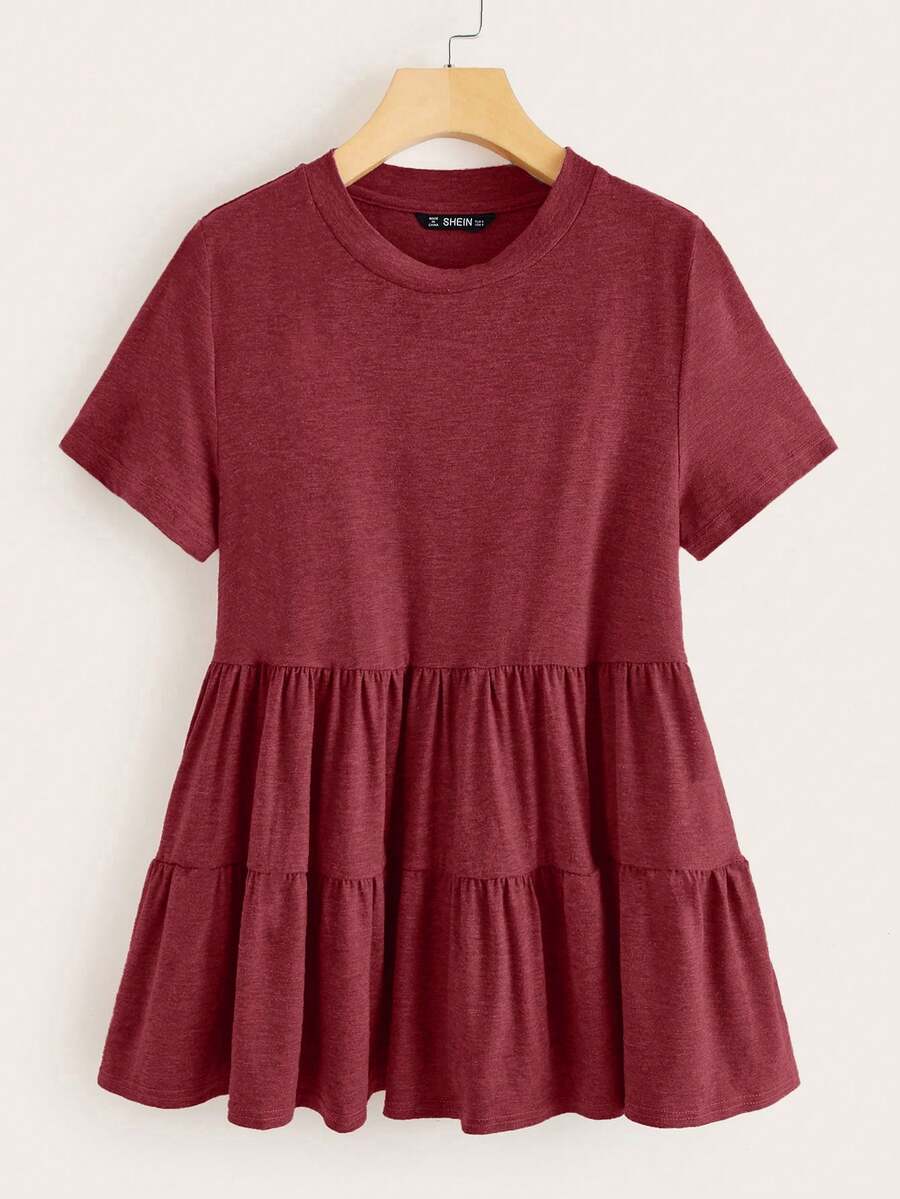 SHEIN LUNE Plus Size Casual Solid Color Ruffle Hem T-Shirt, Summer - Red - View 1