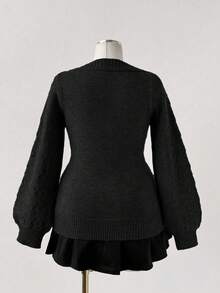 Sunspun Women's Plus Size Casual U-Neck Heart Button Embellished Long Sleeve Fitted Pullover Sweater - Black - View 2