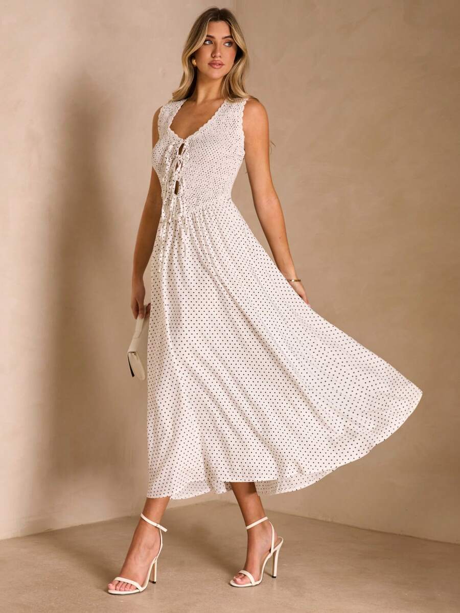 Enchnt 女士前系带无袖波点连衣裙，优雅收腰设计 - 白色 - 查看 1