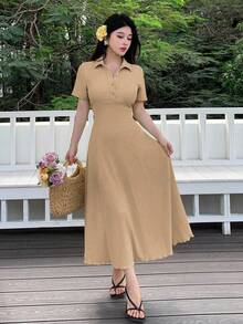 Modelyn 女士纯色针织短袖半拉链休闲简约中长连衣裙 - 卡其色 - 查看 3
