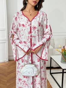 Yasmyna 花卉印花纽扣V领优雅长袖连衣裙 - 彩色 - 查看 11