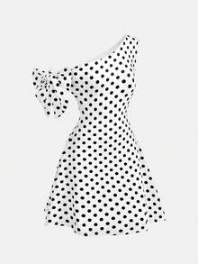 Girlism Teen Girls Elegant Asymmetric Sleeveless Tie Neck Minimalist Polka Dot Mini Dress - White - View 3