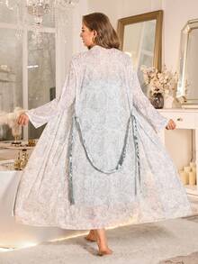 MuseNap CURVE Plus Size Women's Light Gray Palace Floral Mesh Sheer Robe With Faux Silk Sash, Long Cardigan With Lace Slip Dress Lingerie Set - Mint Green - View 2