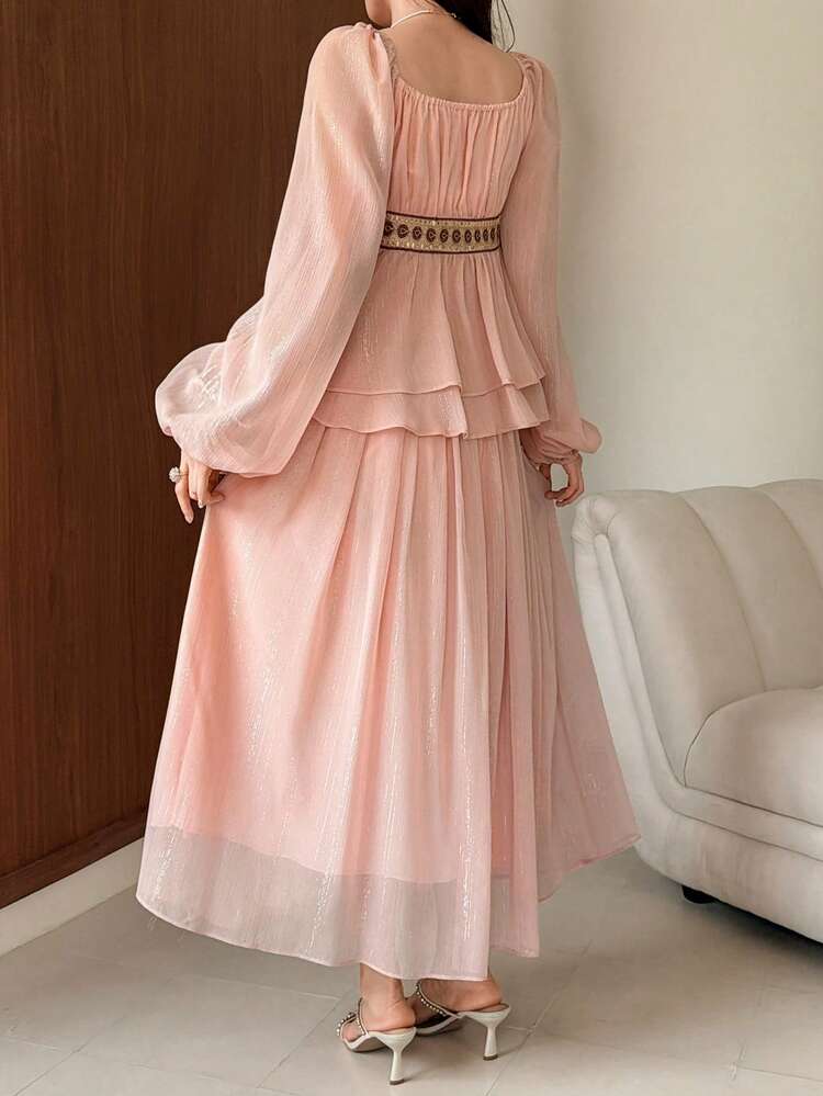 Women's Elegant Contrast Color Ruffle Tie Shirt And Skirt 2 Pieces Set, Spring/Summer