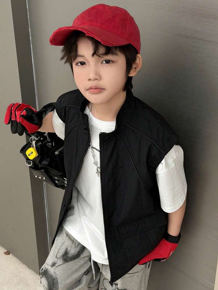 Tween Boy Casual Versatile Solid Color Sleeveless Work Jacket Summer
