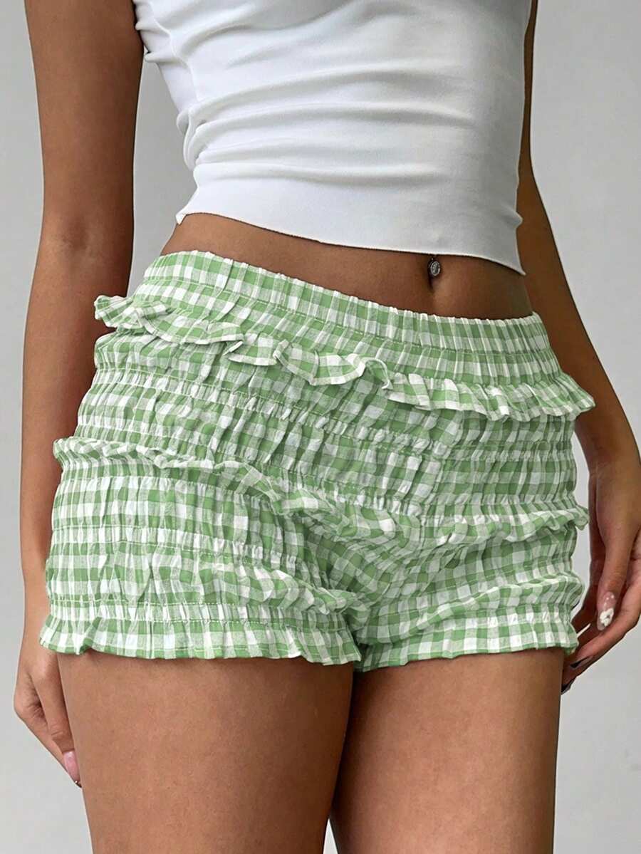 Aloruh 女士格纹荷叶边休闲短裤，红白格子，春夏款 - 綠色 - 查看 1