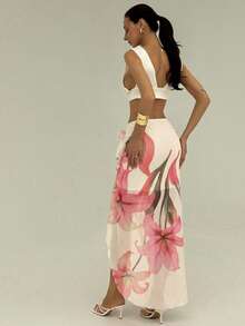 Aloruh 浪漫约会、春夏度假、海滩性感超长3D立体花卉高开衩女装裙 - 米色 - 查看 2