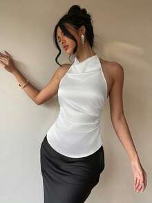 Aloruh 女士优雅缎面提花无袖露背衬衫，饰有编织肩带 - 米色 - 查看 5
