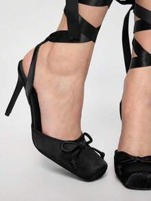 ROMWE Goth Spring New Elegant And Fashionable Ladies High-Heeled Square Toe Ankle Strap Satin Bow Ballet Toe Cap Black Bottom Sandals - Black - View 4