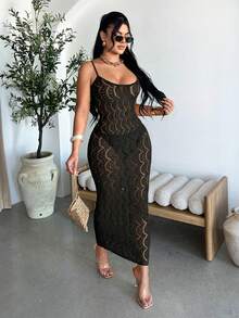 SHEIN SXY 女士性感纯色镂空紧身吊带裙 - 黑色 - 查看 4