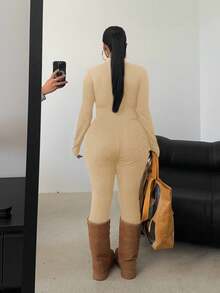 POPSWAY 加大码黑色长袖连体裤，前拉链，腰部收紧，修身剪裁，纯色，百搭，日常穿着 - 卡其色 - 查看 2