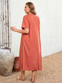 Rosumi 大码女式V领短袖口袋纯色中长休闲度假连衣裙 - 橘色 - 查看 3