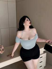 Vibekara Plus Size Solid Color Spaghetti Strap Off Shoulder Fitted Summer Women Tank Top - Baby Blue - View 4