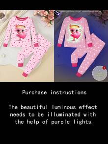 2件套女童可爱咖啡杯卡通图案长裤，心形夜光印花针织弹力柔软舒适长袖打底裤，粉色睡衣套装 - 彩色 - 查看 3