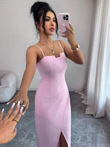 SHEIN Raffinéa 女士新款修身无袖心形领口收腰开衩下摆中长连衣裙 - 粉色 - 查看 1