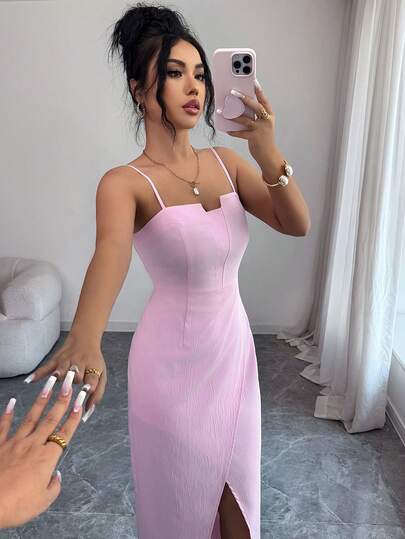 SHEIN Raffinéa Women's New Slim Fit Sleeveless Sweetheart Neck Waist Cinched Split Hem Mid-Length Dress