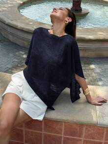 Aloruh Áo choàng dệt kim jacquard khoét lỗ màu mơ thời trang mới, đa năng, kiểu dáng cổ yếm, cổ áo choàng, thích hợp mặc đi nghỉ mát, nhẹ nhàng, kiểu dáng áo khoác ngoài. - Màu xanh hải quân - Xem 6