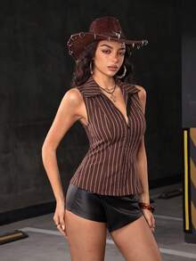 SHEIN Jeanoir Women's Classic Retro Coffee Brown Striped Sleeveless Casual Zip-Up Shirt, Spring/Summer - Brown - View 4