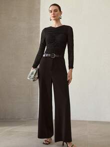 MOTF PREMIUM FASHIONABLE SHINY GATHERED RUCHED DETAIL STRETCHY KNIT LONG SLEEVE T-SHIRT, AUTUMN/WINTER - Black - View 5