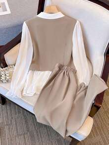 Franclia 2 piezas Conjunto de camisa con cuello + pantalones de pierna ancha para mujer, adecuado para la oficina, el trayecto y atuendos elegantes - Albaricoque - Ver 2