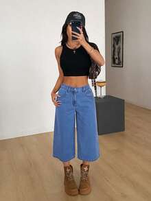 SHEIN PETITE 女士休闲通勤水洗阔腿牛仔裤 - 中等水洗藍 - 查看 6