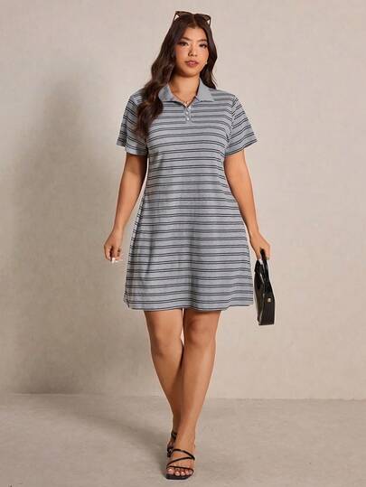 Elaquor Plus Size Summer Casual Striped Short Sleeve Dress