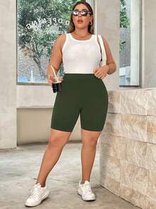 SHEIN Essnce Quần short đạp xe nữ cỡ lớn, kiểu dáng thường ngày, cạp chun, màu đen, thích hợp cho mùa hè. - xanh quân đội - Xem 6