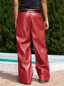 Manfinity EMRG Men's Black PU Leather Pants, Casual Versatile Fashion Straight Leg Trousers - Red - View 2