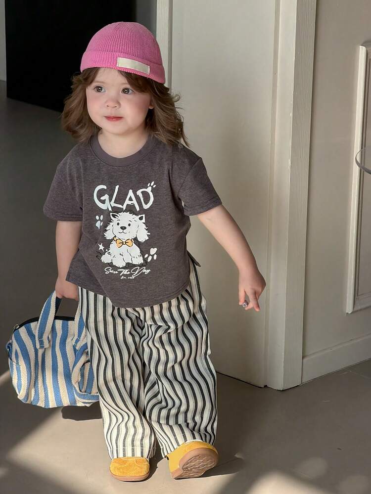 Toddler Girls' Cartoon Print Round Neck Short Sleeve Top
