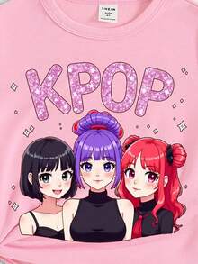 Camiseta corta básica casual para niñas jóvenes en primavera y verano, con estampado gráfico de personaje de grupo musical virtual, lema y diseño simple y fresco. Prenda cómoda y versátil para uso diario en primavera, verano y otoño. - Rosa - Ver 4