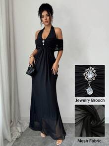 Modelyn Gaun Panjang Elegan Berpotongan Pas Badan Berwarna Hitam dengan Hiasan Berlian dan Leher V dari Chiffon untuk Wanita - Hitam - View 6