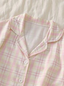 女童格子印花短袖上衣和裤子舒适睡衣套装（2件套） - 粉色 - 查看 8