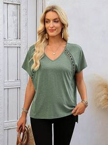EMERY ROSE 女士宽松V领镂空纯色休闲短袖T恤 - 綠色 - 查看 4