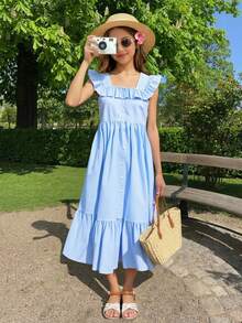 ChillGRL 春夏少女休闲优雅度假风荷叶边领纽扣拼接连衣裙，适合日常通勤、休闲、度假、海滩、用餐等场合。 - 藍色 - 查看 4
