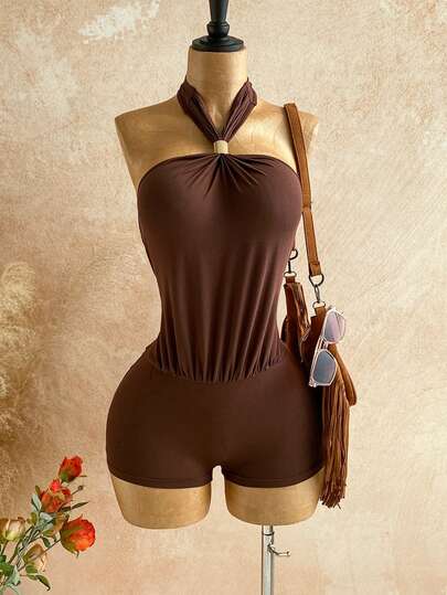 Soleia Women's Solid Color Pleated Casual Halter Romper