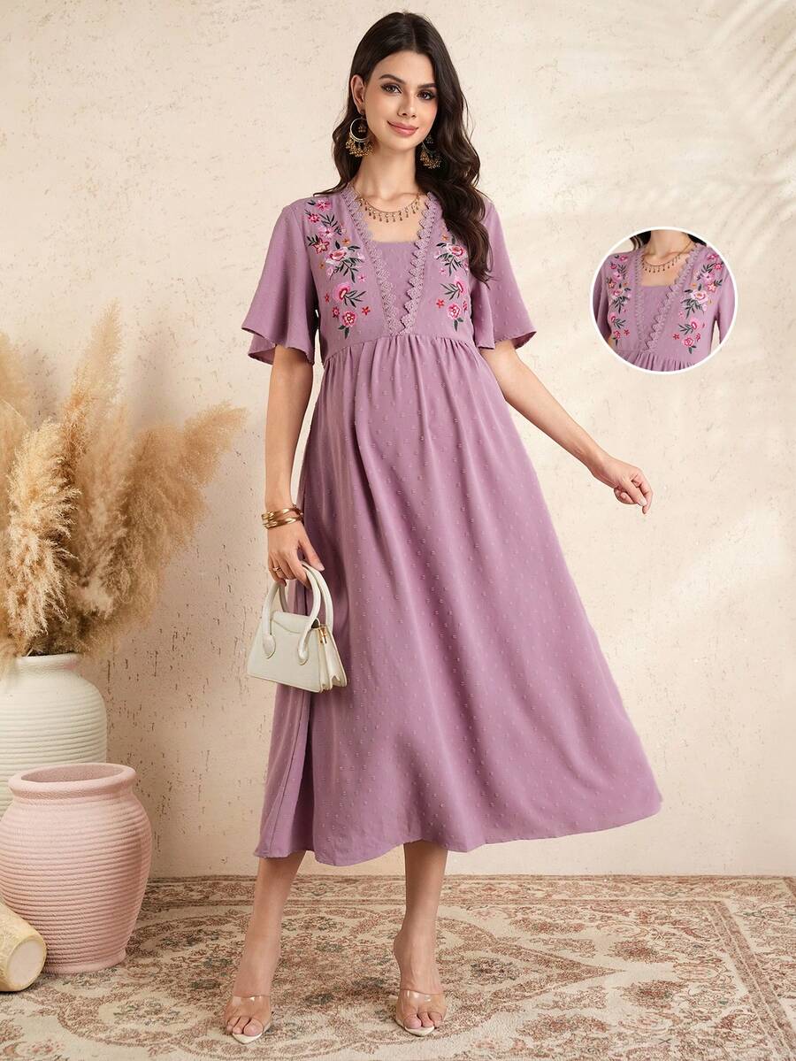 SHEIN 孕妇优雅短袖荷叶边下摆夏季休闲刺绣连衣裙 - 藕粉色 - 查看 1