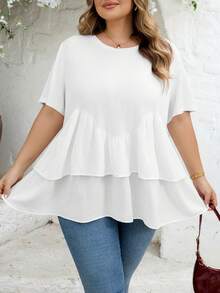 SHEIN CURVE+ Curve 尺码 US22 音乐节、海滨度假、波西米亚风 CURVE PLUS / / 女士白色拼接娃娃衬衫 T 恤 - 白色 - 查看 8
