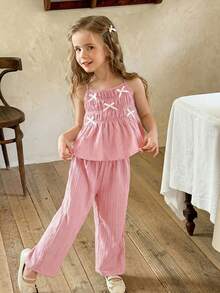 LMoss Kids 2 piezas Conjunto de top de tirantes de unicolor tejido y pantalones casuales holgados para niña joven - Rosa Pálido - Ver 5