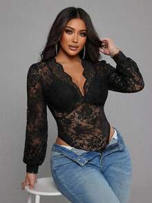 Reflora 大码女士时尚性感V领长袖连体衣 - 黑色 - 查看 10