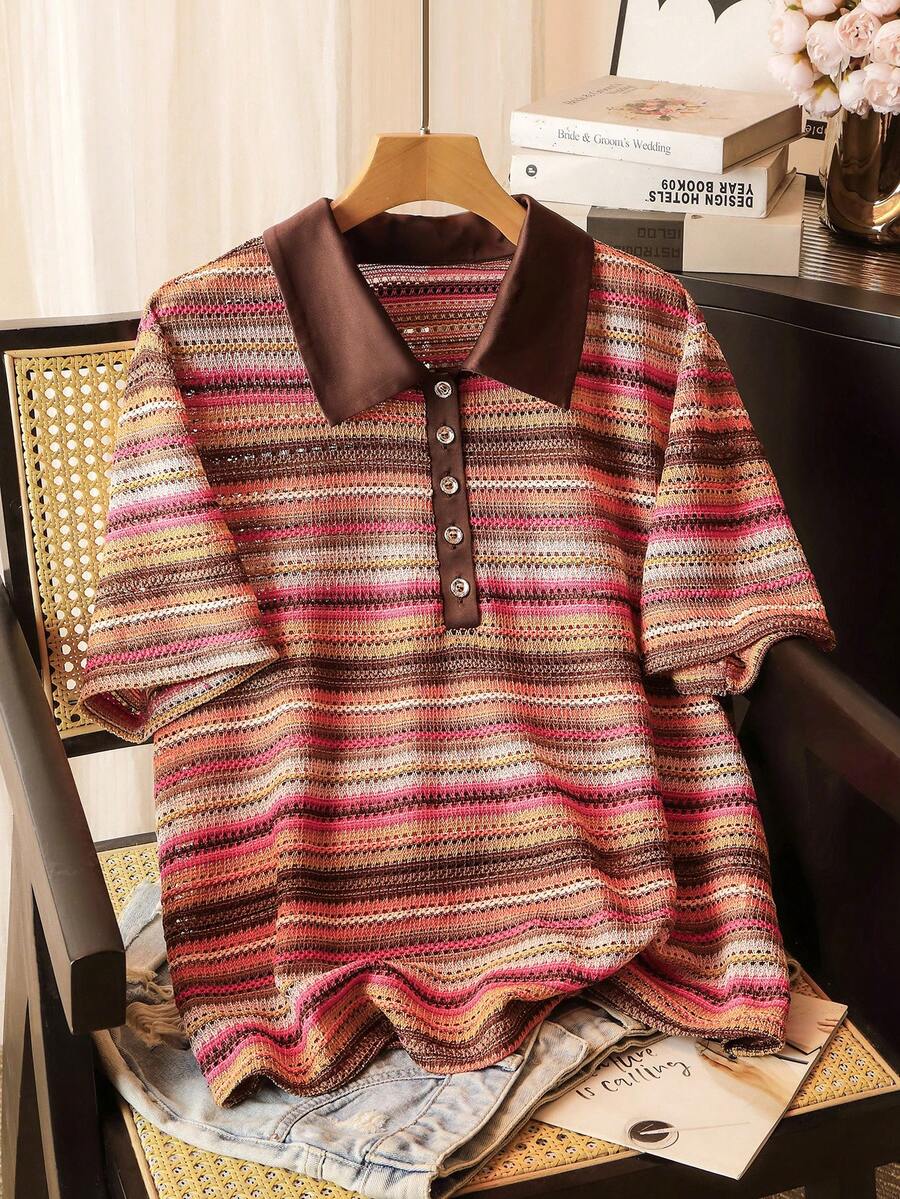 Lacomfia Camiseta holgada de manga corta, cómoda y versátil, con estampado de rayas de jacquard de colores para mujer de talla grande - Multicolor - Ver 1