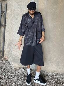 Ngobest Haus Ngobest Haus Unisex Sommer Jacquard Hemd, Viertelarm, locker sitzende lässige Hanfu Bluse mit Drachen Muster, geeignet als Yoga-Kleidung, Nachtwäsche, Strandmode, Cardigan, für den Herbst - Schwarz - Übersicht 2