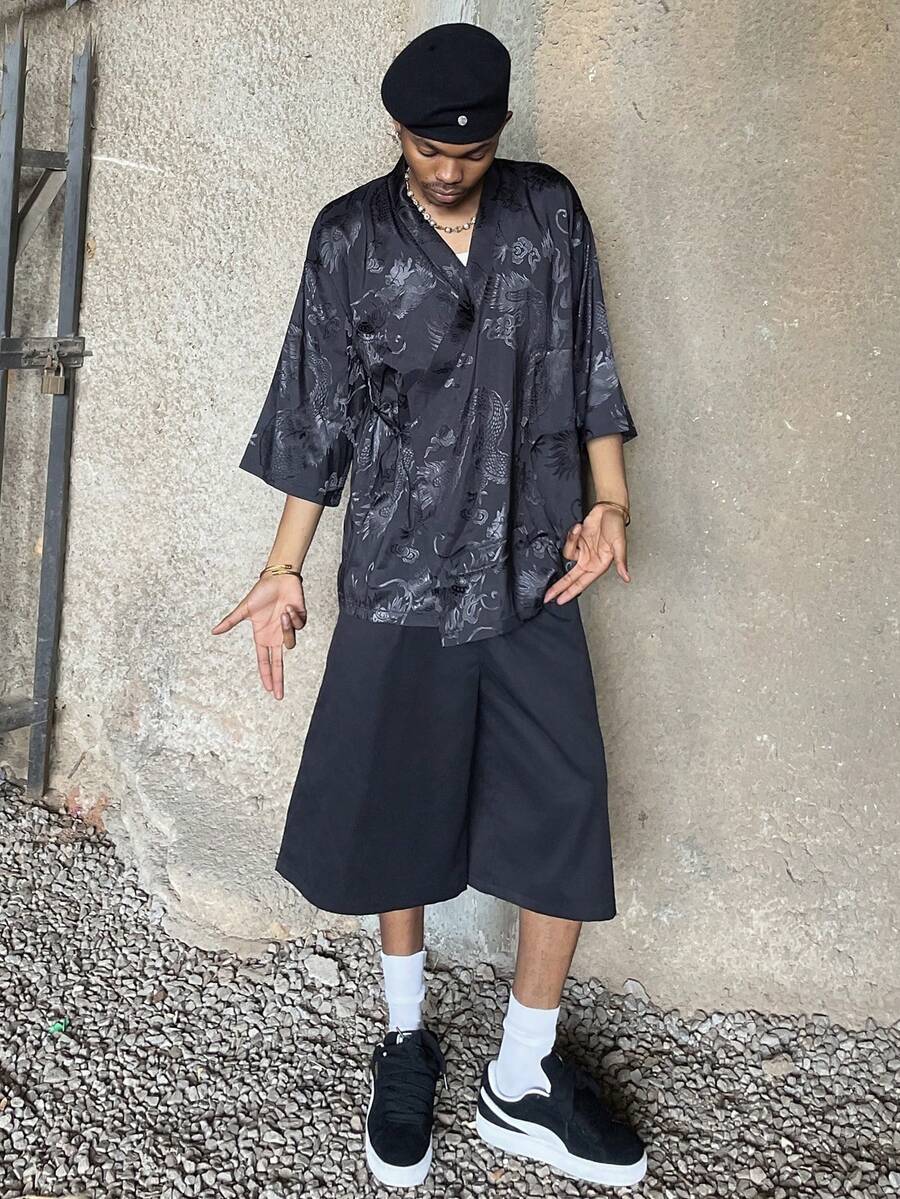 Ngobest Haus Ngobest Haus Unisex Sommer Jacquard Hemd, Viertelarm, locker sitzende lässige Hanfu Bluse mit Drachen Muster, geeignet als Yoga-Kleidung, Nachtwäsche, Strandmode, Cardigan, für den Herbst