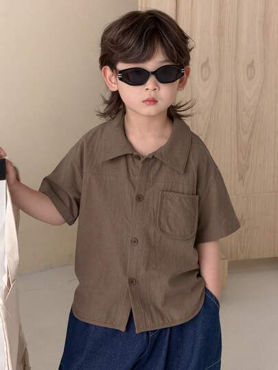 DAZY Young Boys' Drop Shoulder Solid Color Short Sleeve Front Button Casual Loose Shirt