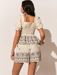 Poéselle 2pcs Woven Floral Hem Puff Sleeve Women Set,Summer Music Festival Outfits,Holiday Date Outfits,Boho Inspired Printed Vacation Two-Piece Set - Khaki - View 3