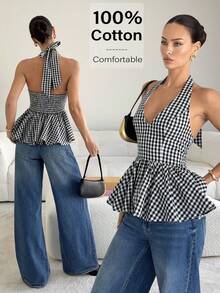 Siren Gaze Áo nữ Valentine cho nữ, Áo nữ mùa hè, Áo nữ in họa tiết kẻ caro, cổ yếm, viền bèo, hở lưng, kiểu dáng thường ngày. - Đen và trắng - Xem 1