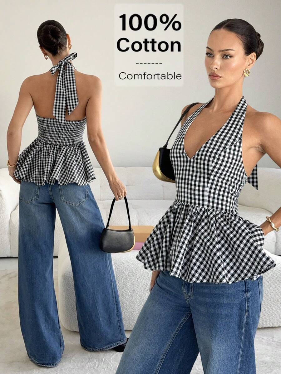 Siren Gaze Áo nữ Valentine cho nữ, Áo nữ mùa hè, Áo nữ in họa tiết kẻ caro, cổ yếm, viền bèo, hở lưng, kiểu dáng thường ngày. - Đen và trắng - Xem 1