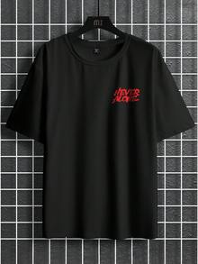 Manfinity LEGND Plus Size Men's Casual Fashionable Street Slogan Print Loose Fit Black T-Shirt, Summer - Black - View 2
