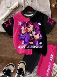 Bộ 2 món dành cho bé gái, phong cách thường ngày, nhiều màu sắc, in hình nhóm nhạc nữ K-POP, chữ cái và ngôi sao, số 67 cá nhân hóa, áo thun cổ tròn tay ngắn và quần short, thích hợp cho mùa hè, hoạt động ngoài trời và kỳ nghỉ. - Nhiều màu - Xem 2