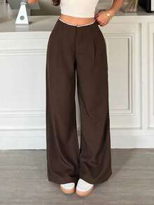 FavEase Pantalones rectos de pierna versátiles y de negocios para mujer, con diseño de empalme de cintura de alta gama que estilizan, pantalones largos de color marrón oscuro - Marrón - Ver 3