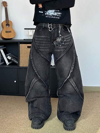 STEELVANCE Vintage Distressed Deconstructed Design Loose Fit Straight Leg Casual Jeans